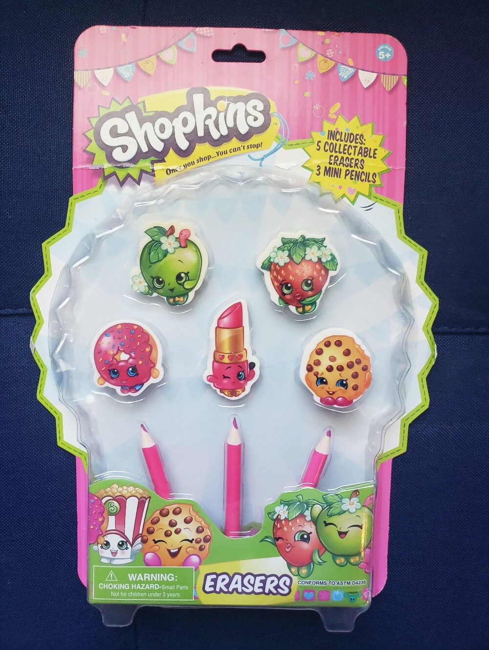 New Shopkins Pink Party Erasers with Mini Pencils NIB Set Collectible